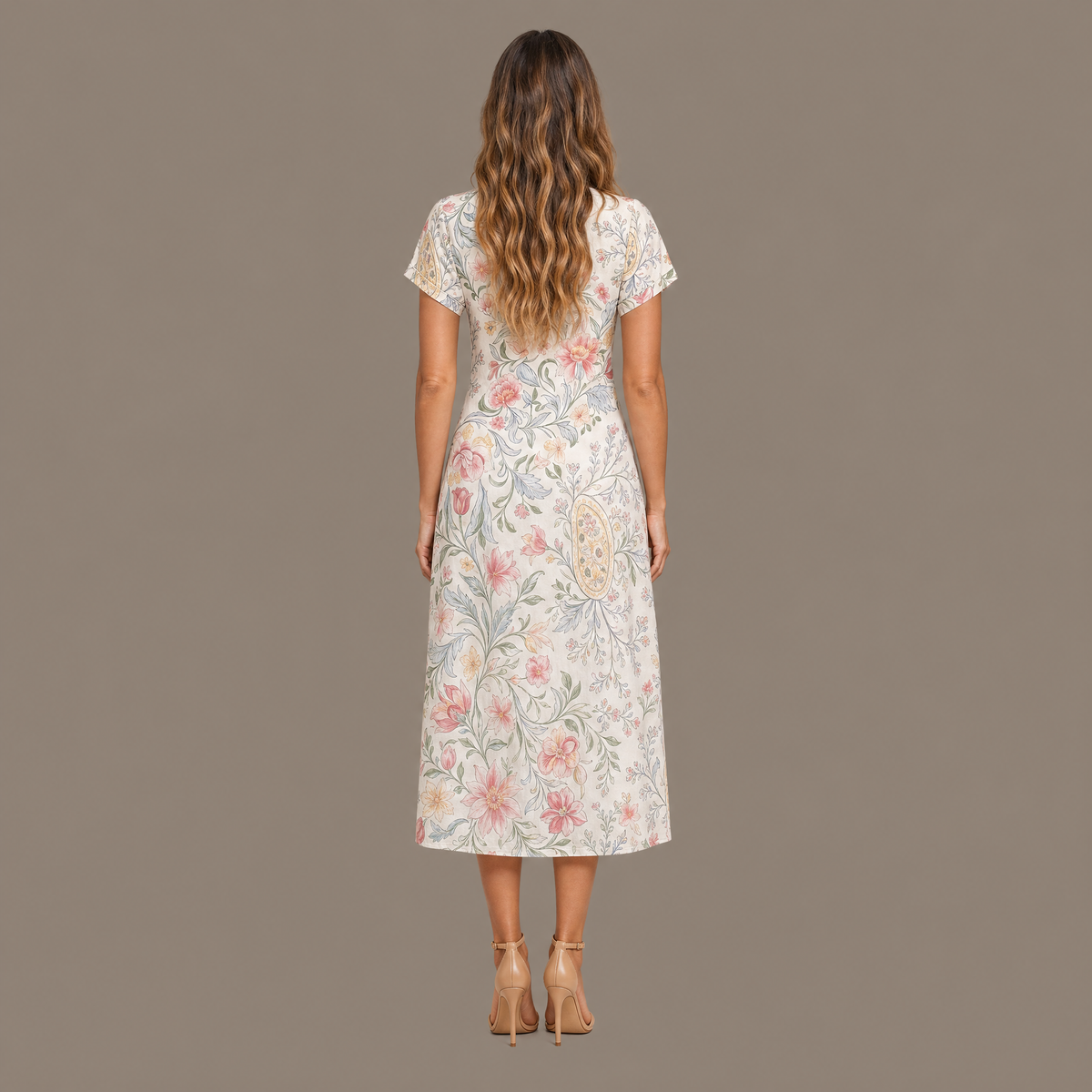 Back view of the floral print cotton blend midi dress