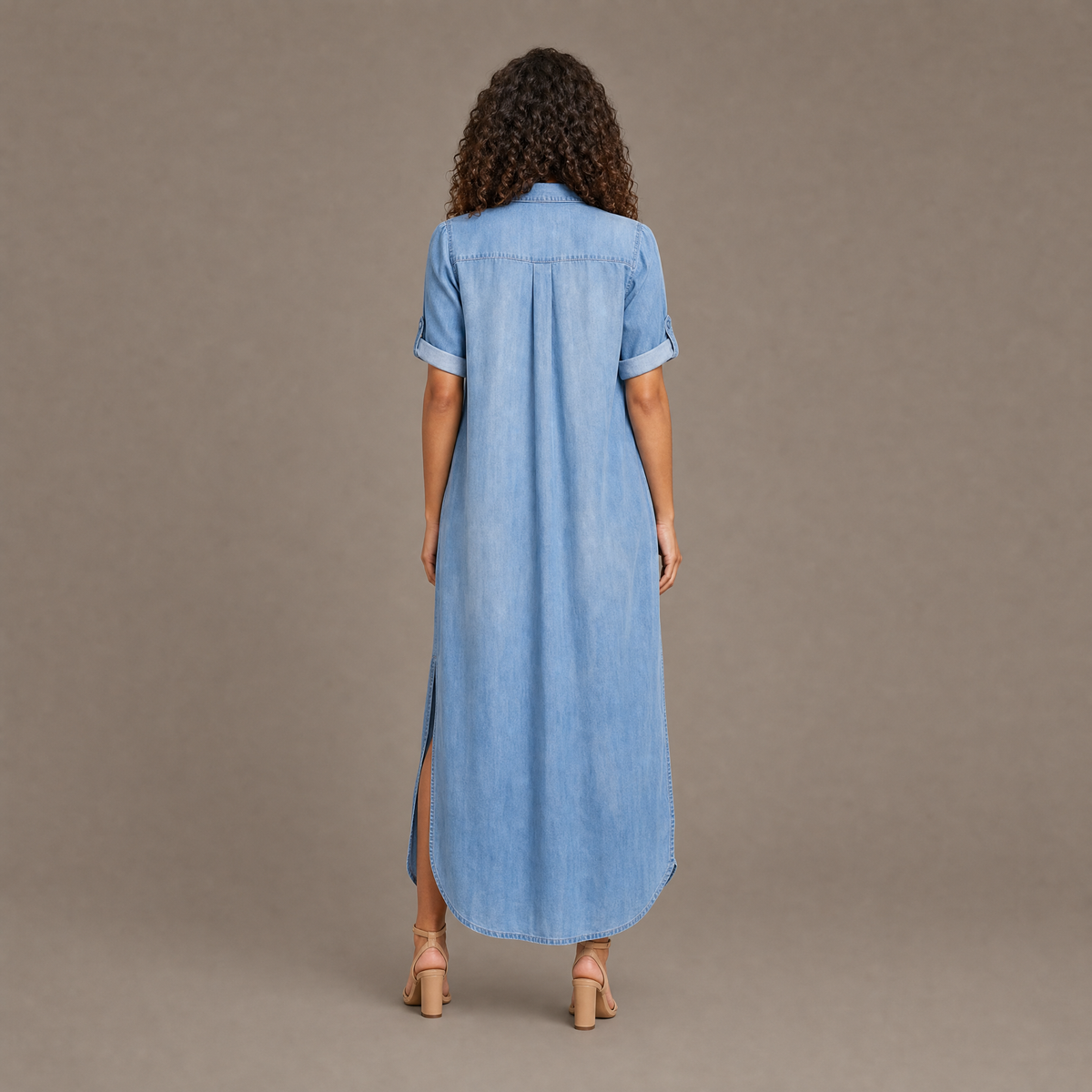 Back view of the denim blue rolled sleeve maxi dress