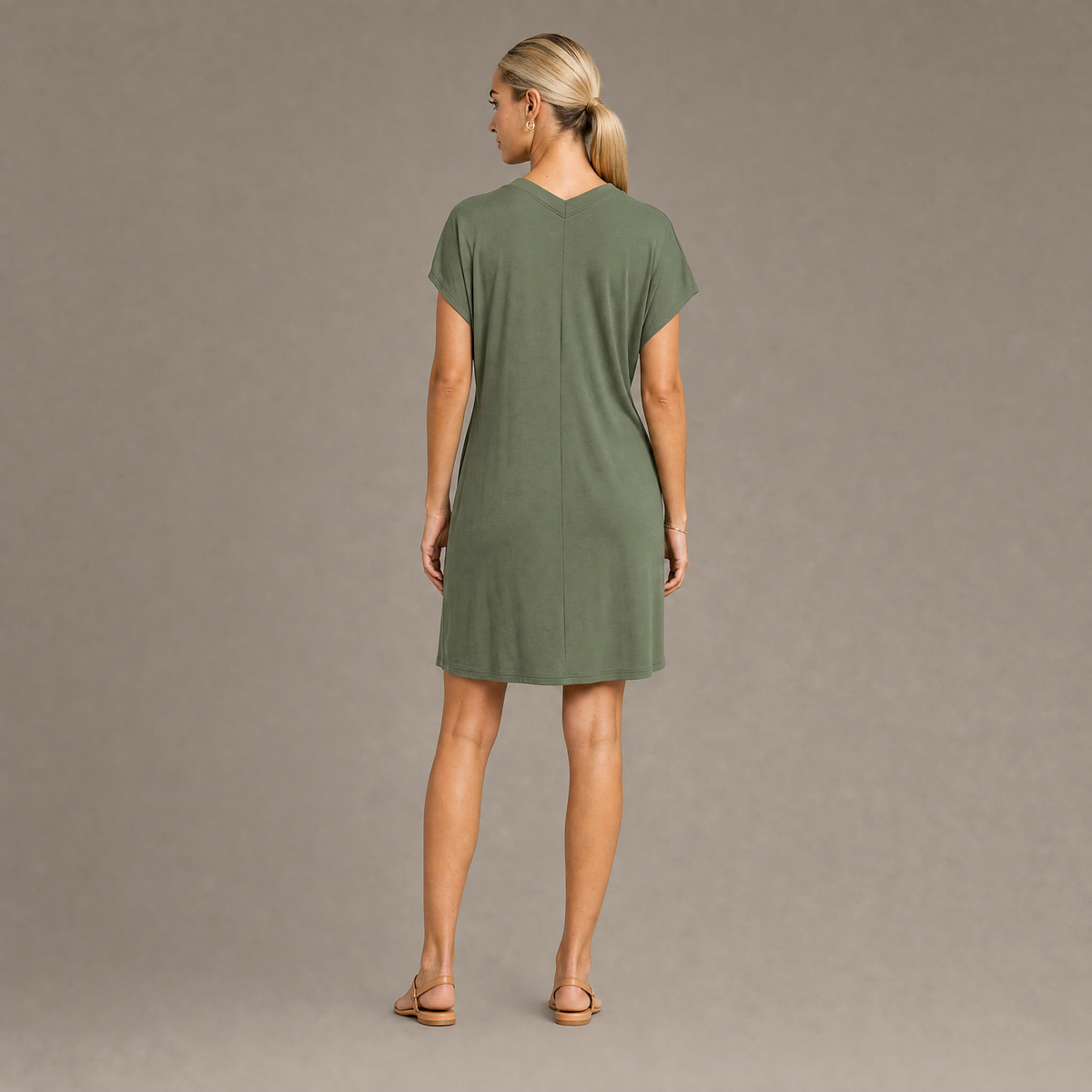 Back view of the green V neck short sleeve casual dress