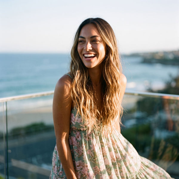 Woman laughing on a sunlit balcony above the ocean in a green and pink floral maxi dress