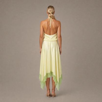 Back view of the key lime backless halter silk maxi dress showing the open back