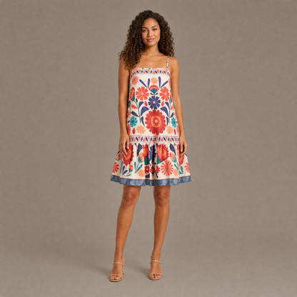 Woman wearing the orange bloom print spaghetti strap dress, front view