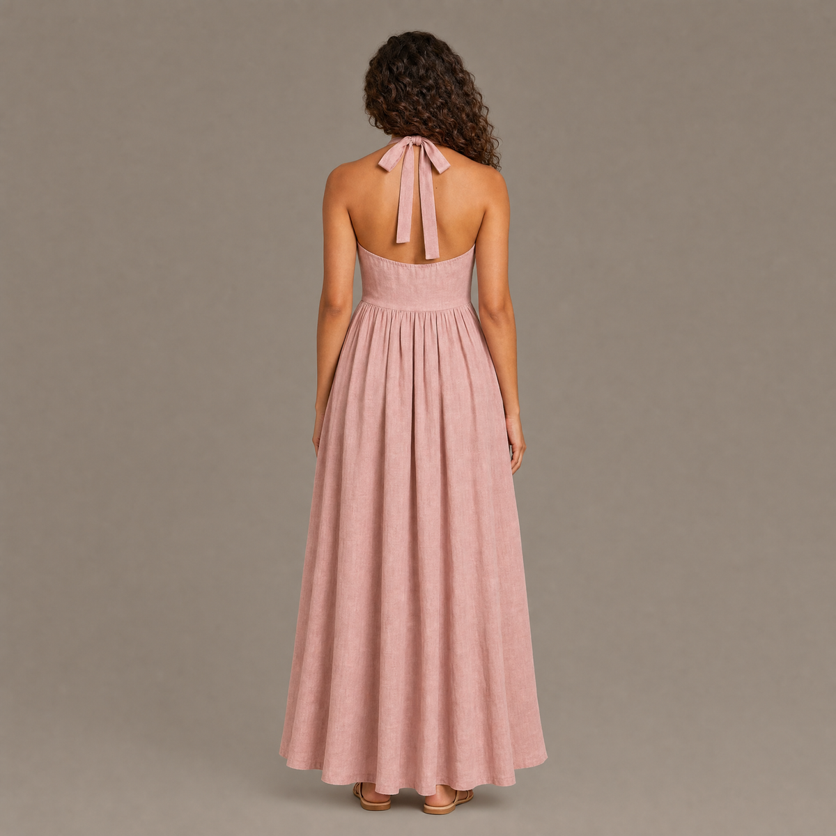 Back view of the pink boho cotton linen halter maxi dress