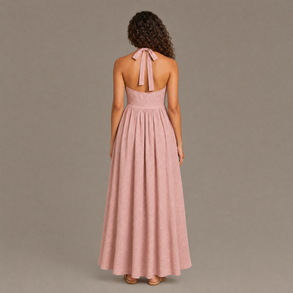 Back view of the pink boho cotton linen halter maxi dress