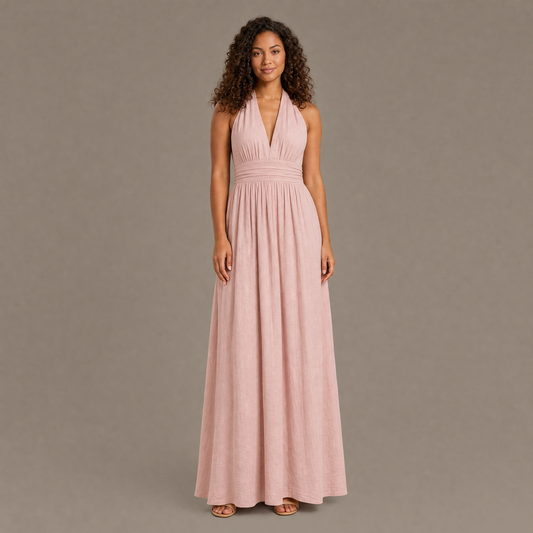 Woman wearing the pink boho cotton linen halter maxi dress, front view