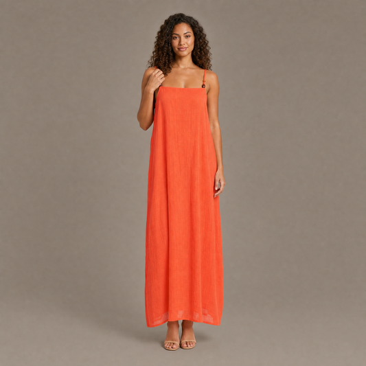 Woman wearing the flame cotton gauze beach cover up dress, front view