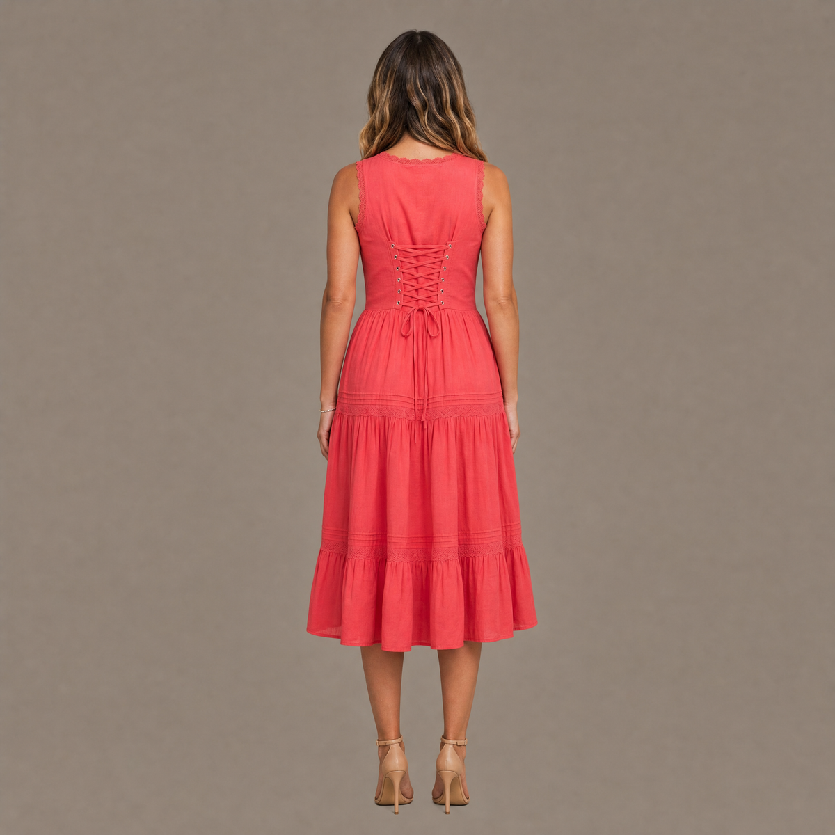 Back view of the red embroidered corset effect midi dress