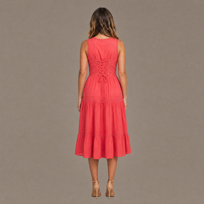 Back view of the red embroidered corset effect midi dress