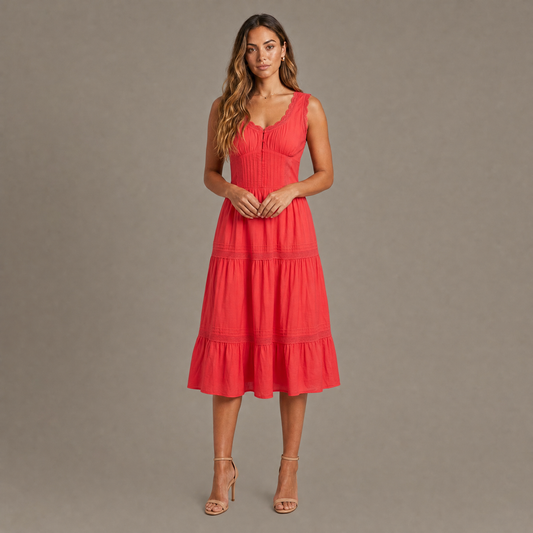 Woman wearing the red embroidered corset effect midi dress, front view