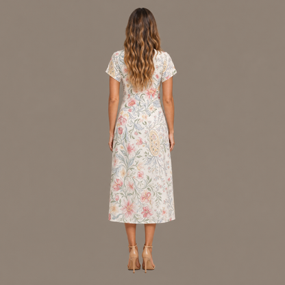 Back view of the floral print cotton blend midi dress