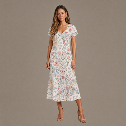 Woman wearing the floral print cotton blend midi dress, front view