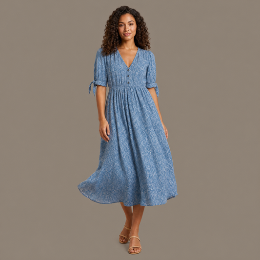 Woman wearing the blue flowing print summer dress, front view
