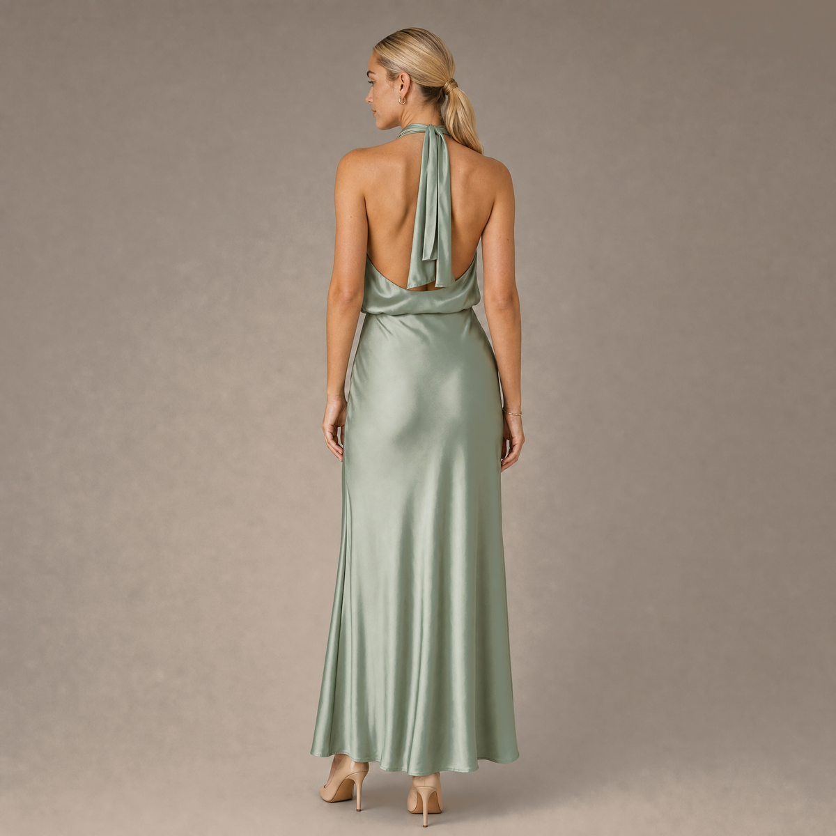Back view of the light green halter neck long satin dress