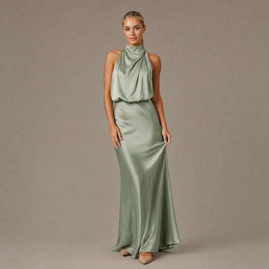 Woman wearing the light green halter neck long satin dress, front view