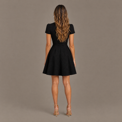 Back view of the black high neck fit and flare dress
