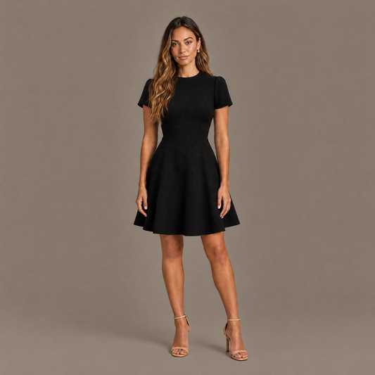 Woman wearing the black high neck fit and flare dress, front view