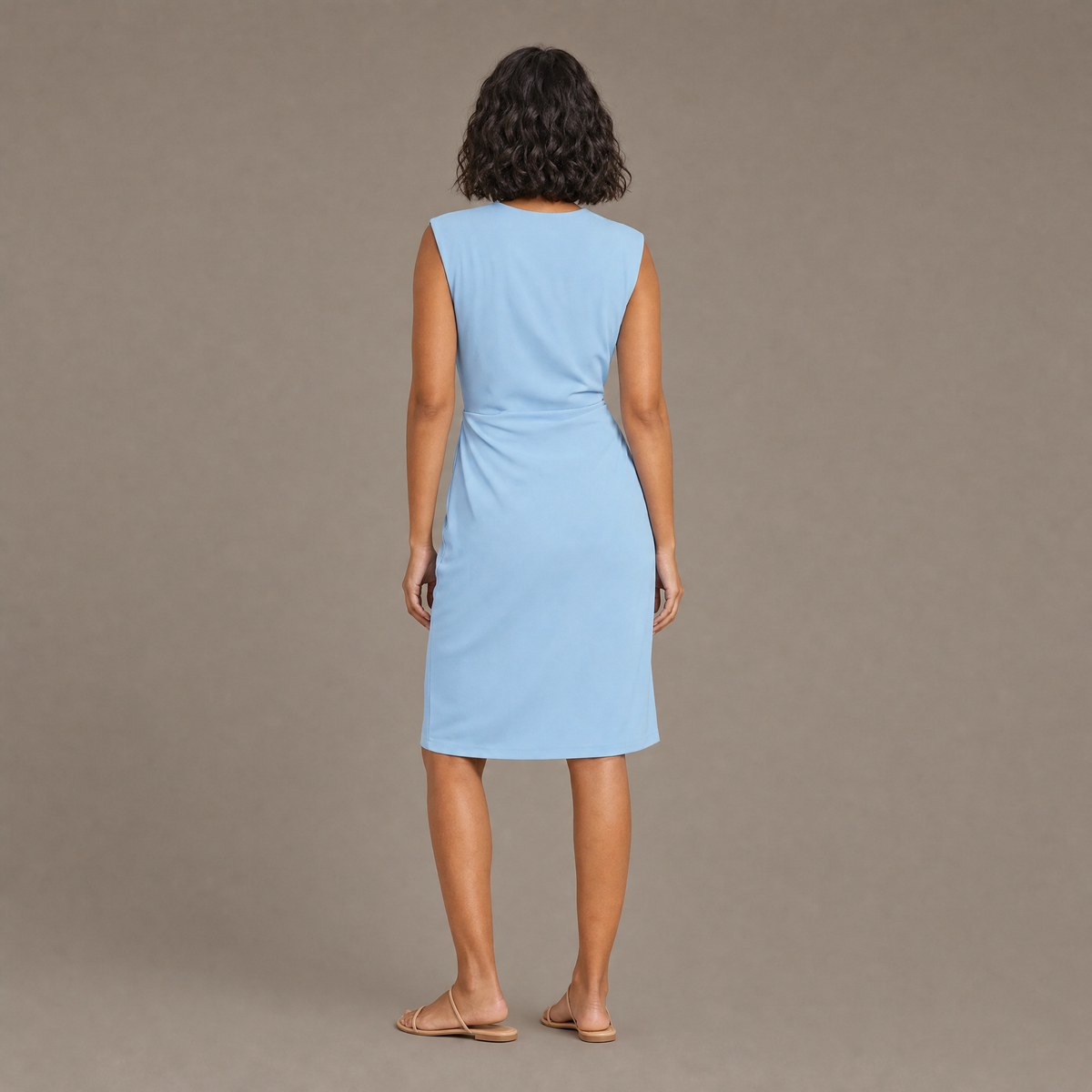 Back view of the azure blue lightweight midi slip dress
