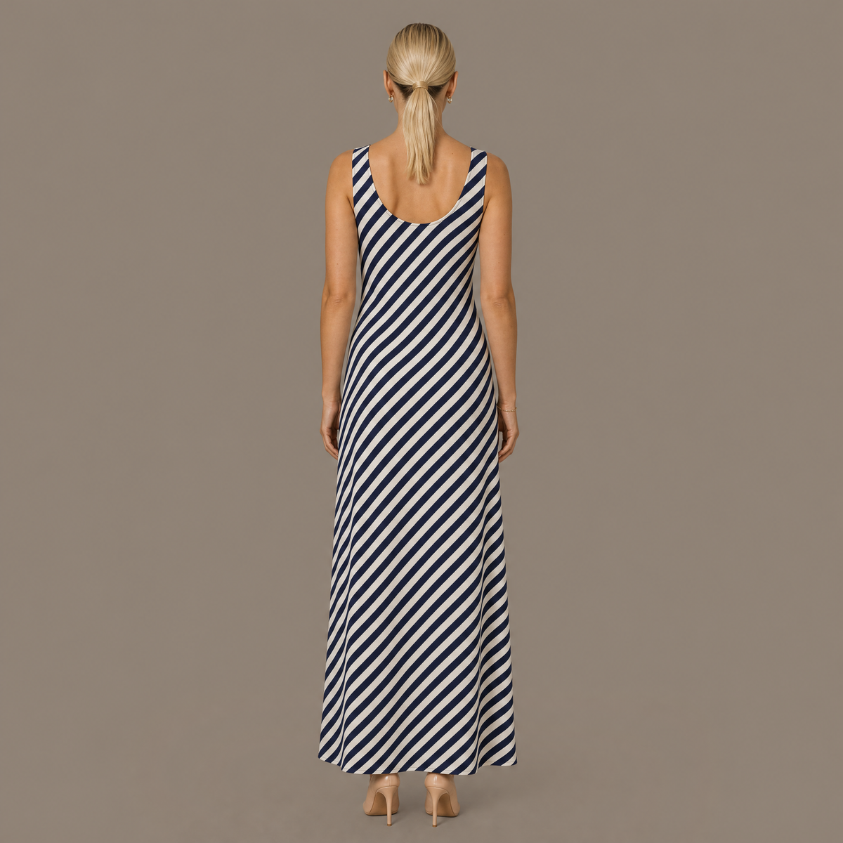 Back view of the navy stripe sleeveless midi dress