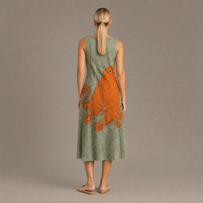 Back view of the green octopus print cotton sundress