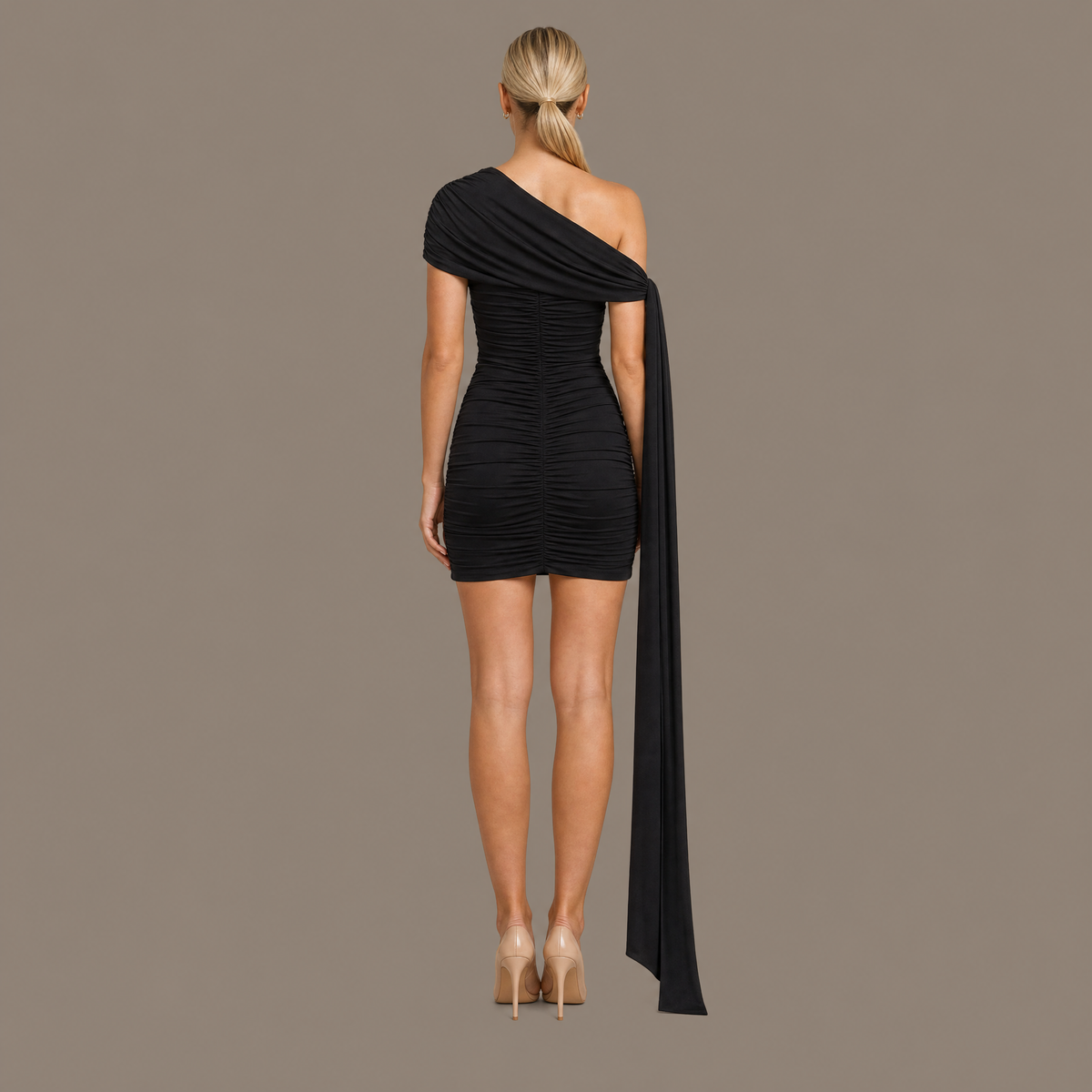 Back view of the black one shoulder bodycon mini cocktail dress