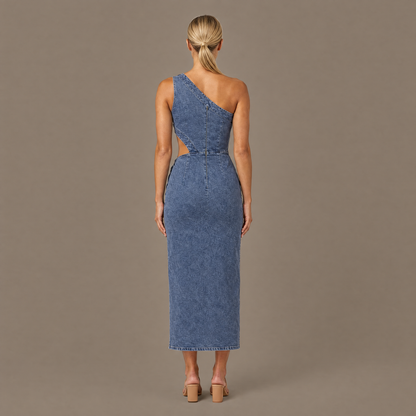 Back view of the steel blue one shoulder denim midi dress showing the zipper