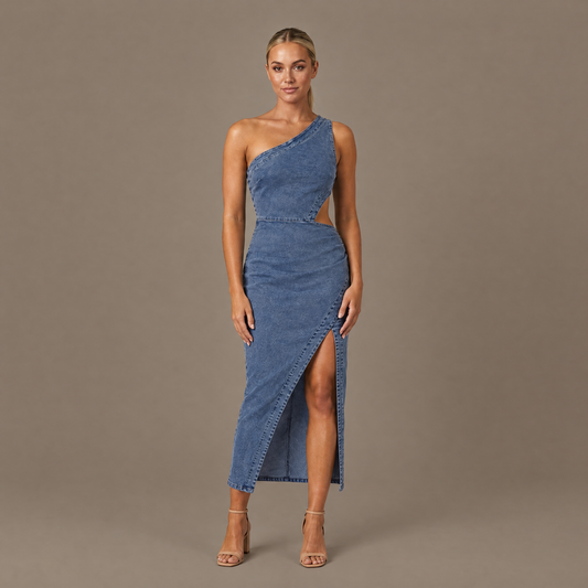 Woman wearing the steel blue one shoulder cut-out denim midi dress, front view