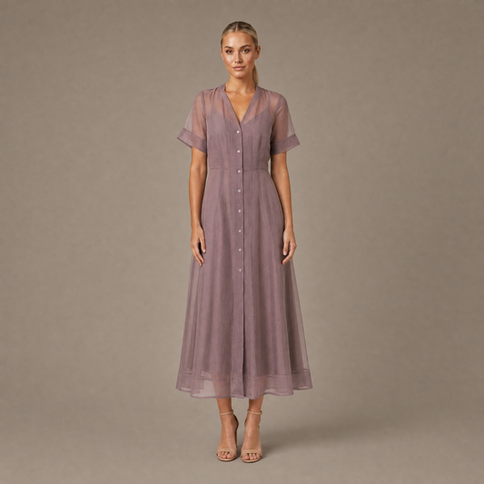 Woman wearing the mink organza A-line button front midi dress, front view