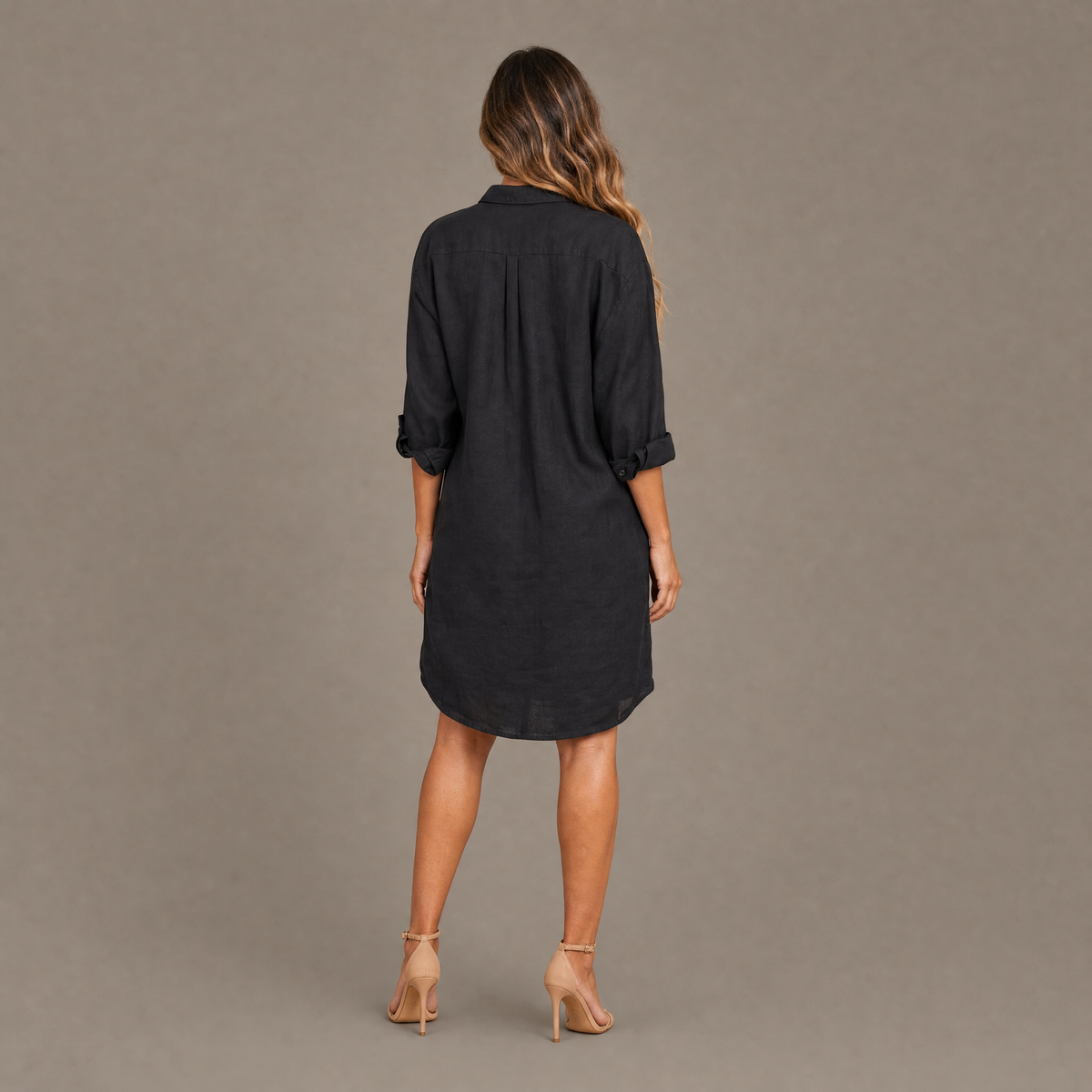 Back view of the black oversized linen blend button down shirt dress