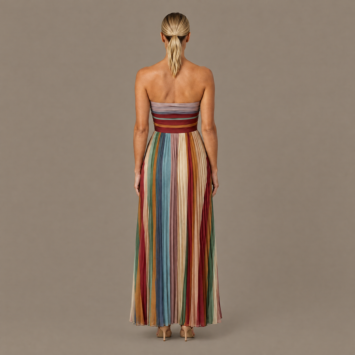 Back view of the pleated striped strapless maxi dress
