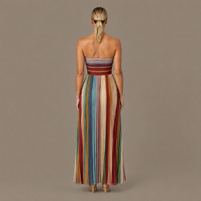 Back view of the pleated striped strapless maxi dress