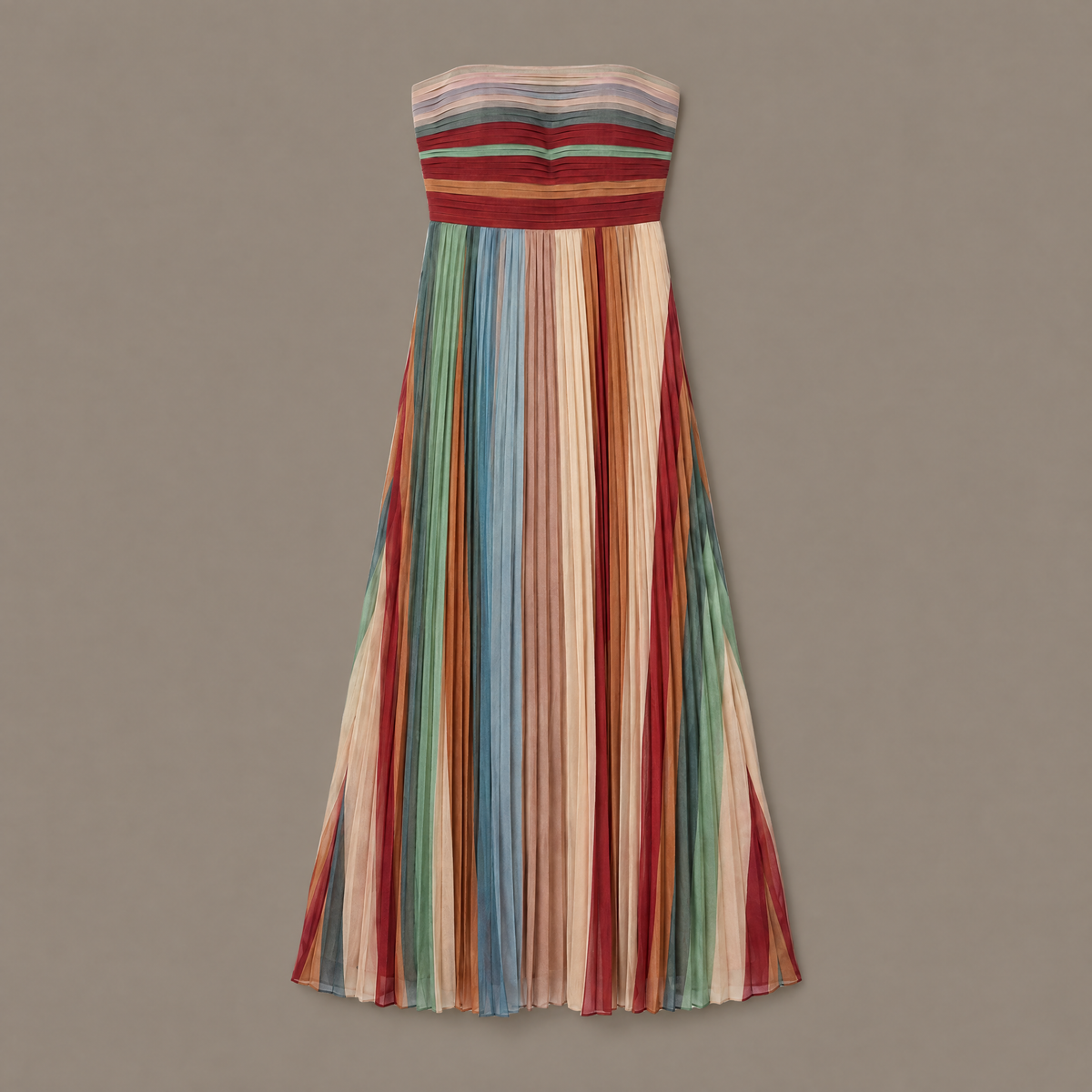 The pleated striped maxi dress photographed flat, showing the full stripe pattern