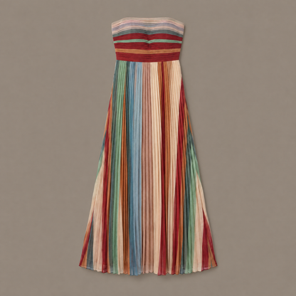 The pleated striped maxi dress photographed flat, showing the full stripe pattern