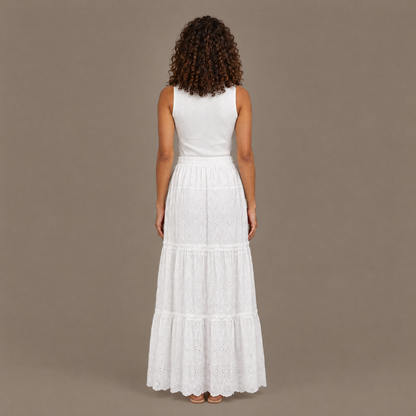 Back view of the white ribbed bodice eyelet lace maxi dress