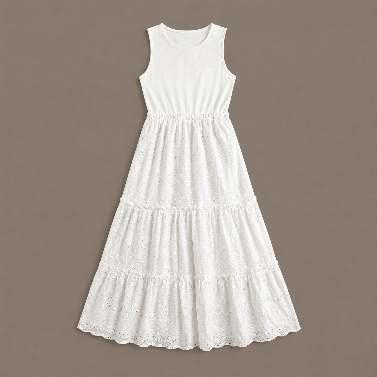 The white ribbed bodice eyelet lace maxi dress photographed flat