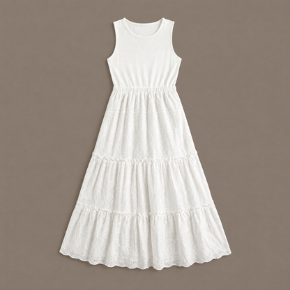 The white ribbed bodice eyelet lace maxi dress photographed flat