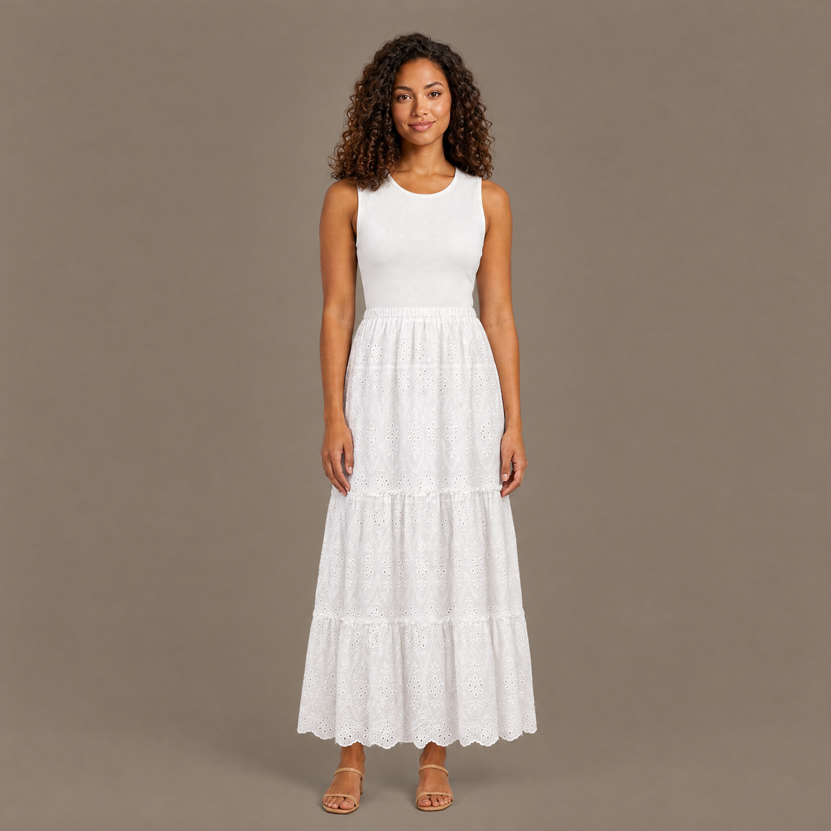 Woman wearing the white ribbed bodice eyelet lace maxi dress, front view
