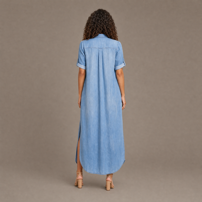 Back view of the denim blue rolled sleeve maxi dress