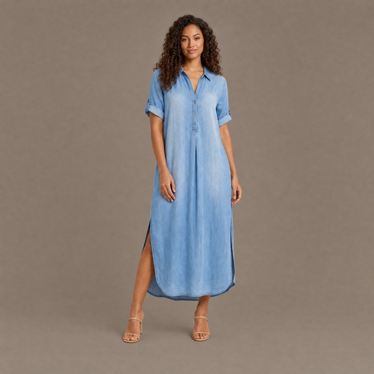 Woman wearing the denim blue rolled sleeve maxi dress, front view