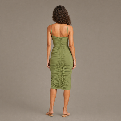 Back view of the green ruched bodycon dress