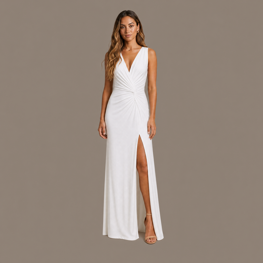 Woman wearing the white ruched V neck maxi dress, front view