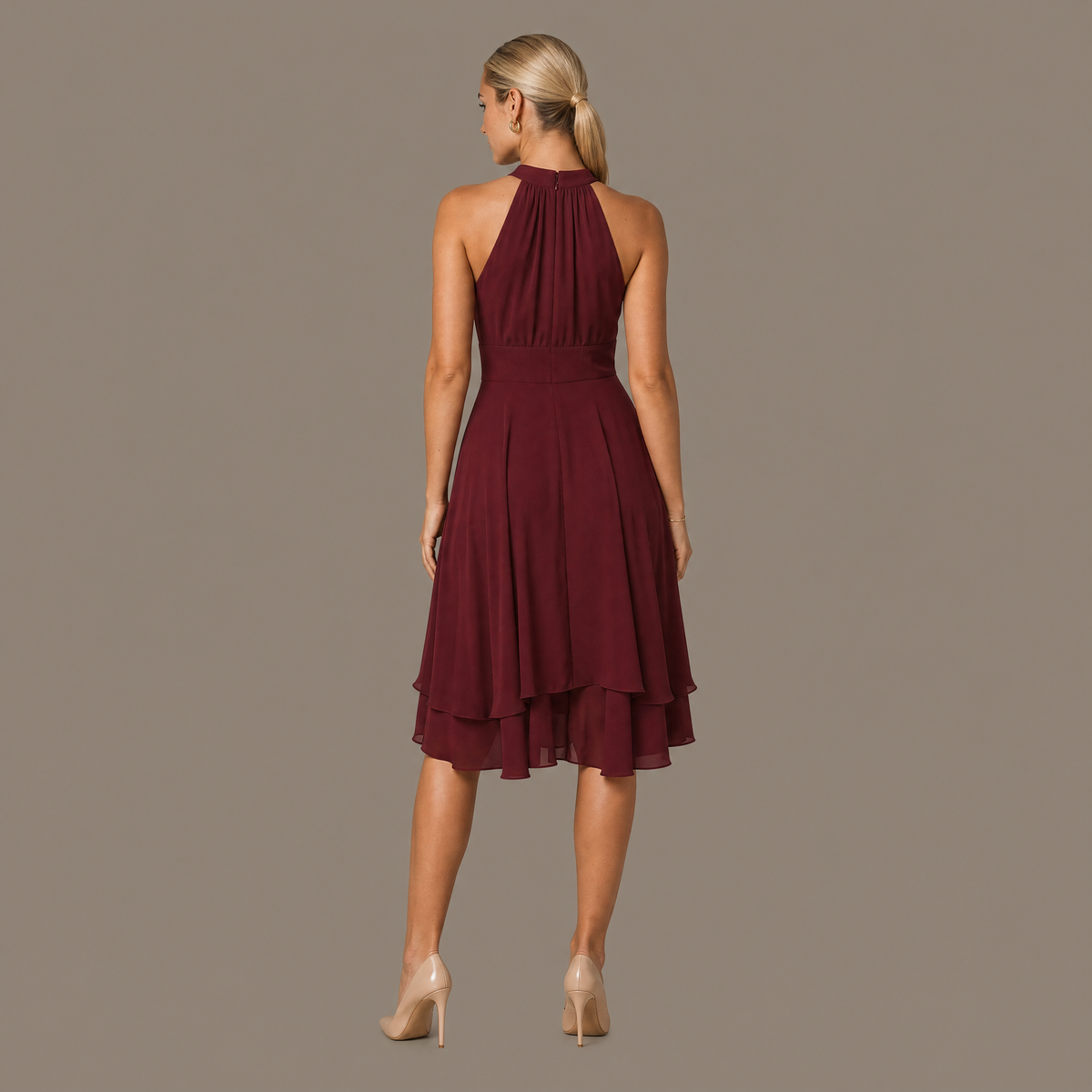 Back view of the red ruffle trim tiered dress