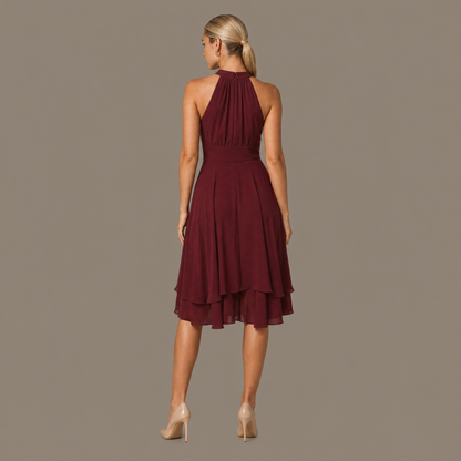 Back view of the red ruffle trim tiered dress