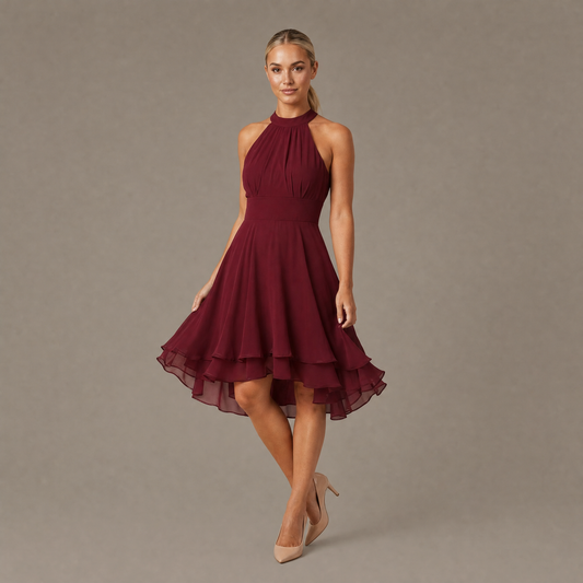 Woman wearing the red ruffle trim tiered dress, front view