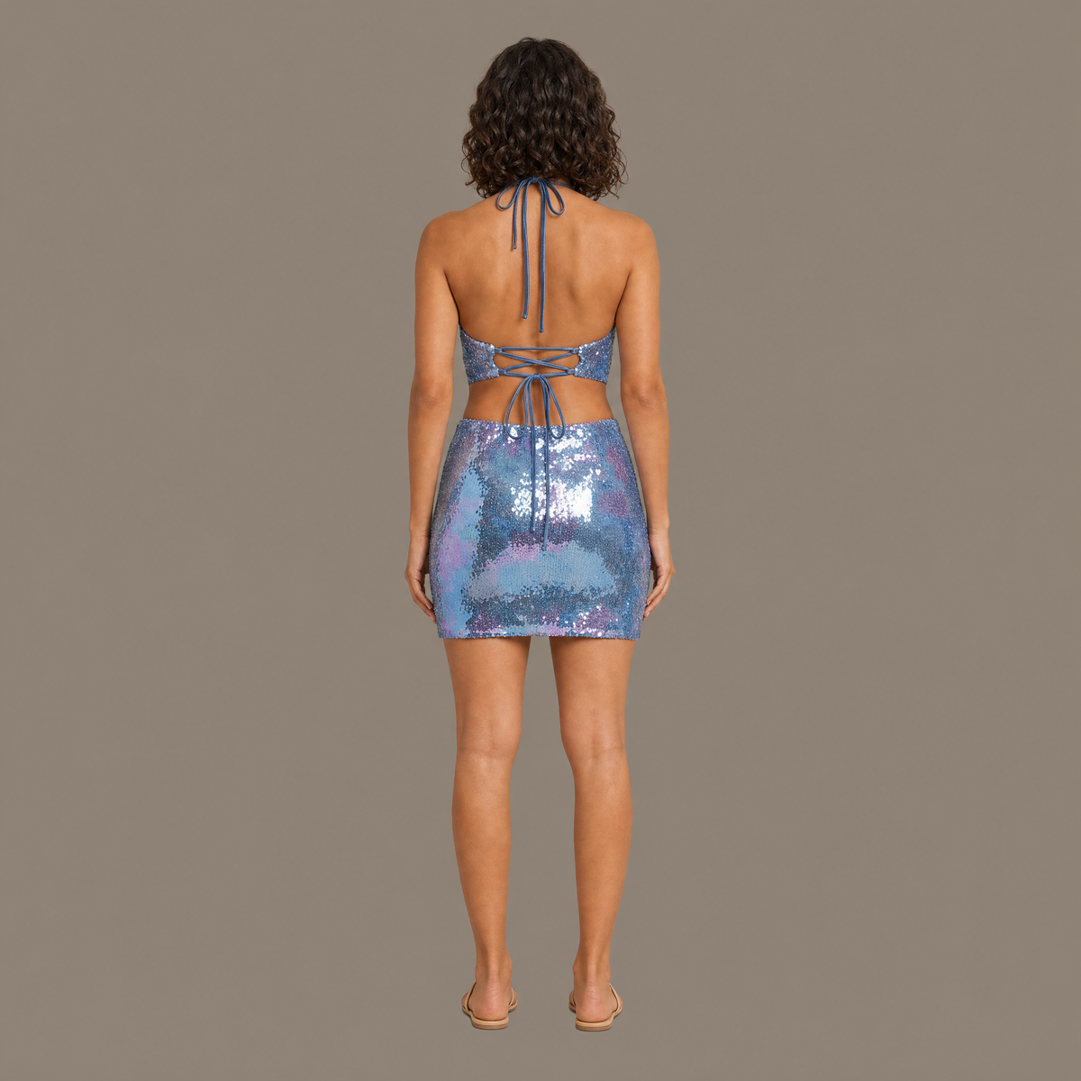 Back view of the blue sequin mesh cocktail dress