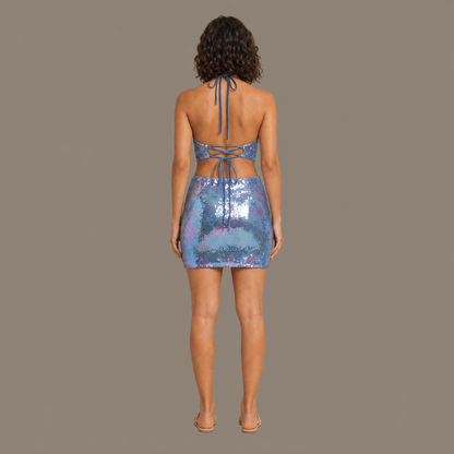 Back view of the blue sequin mesh cocktail dress