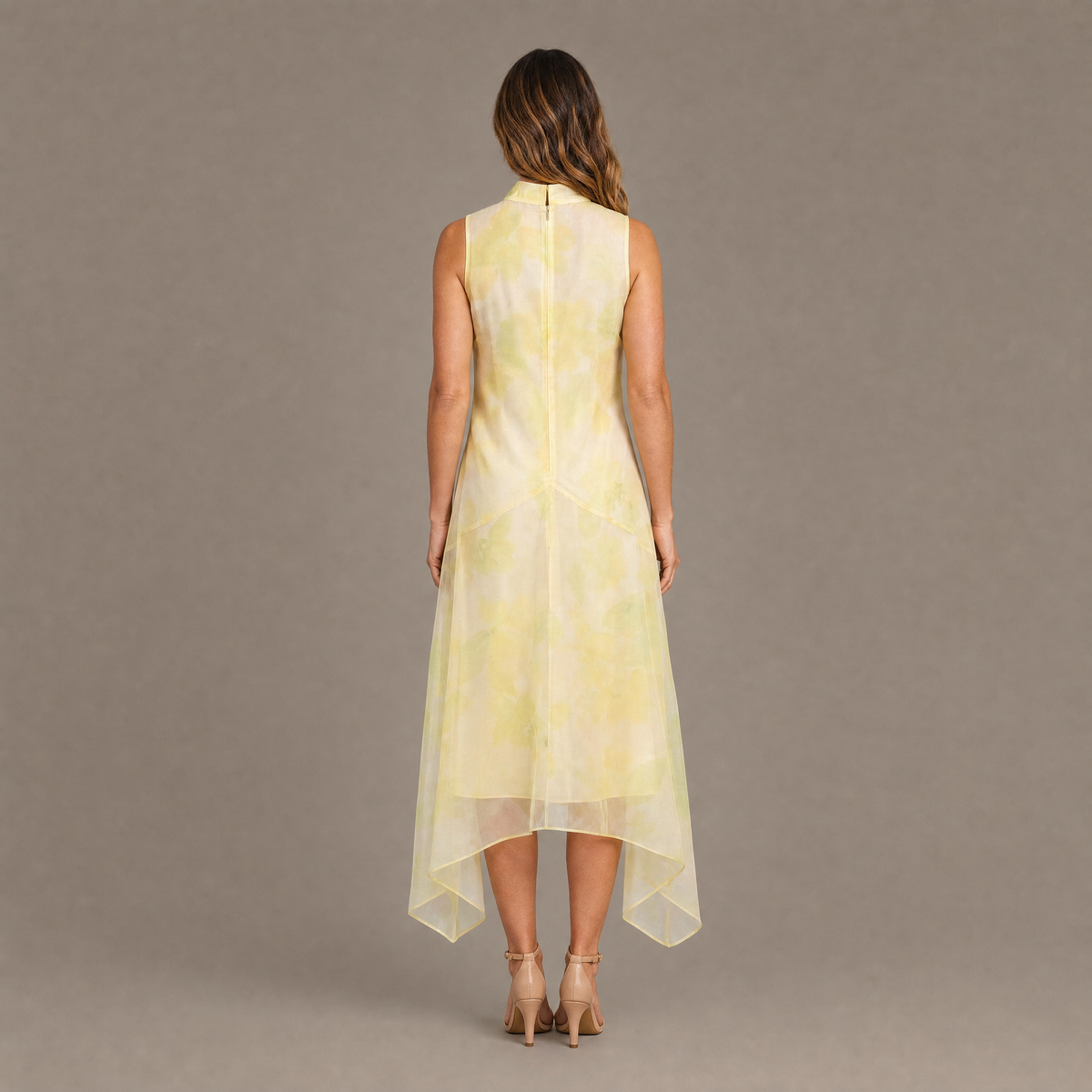 Back view of the lemon sheer organza overlay high-low midi dress