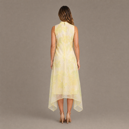 Back view of the lemon sheer organza overlay high-low midi dress