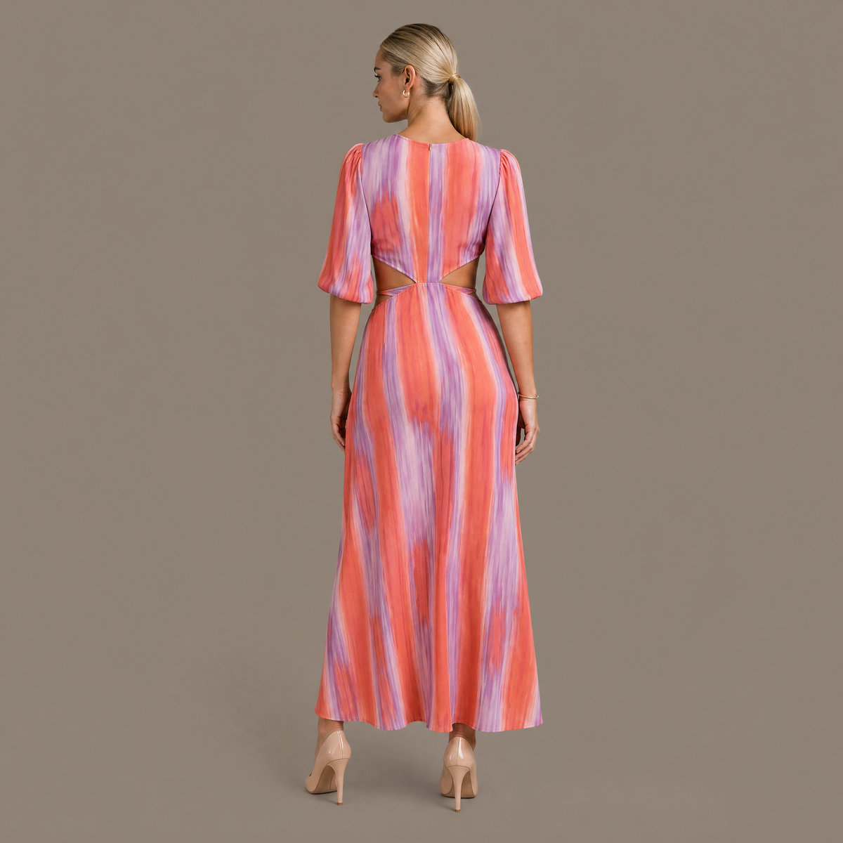 Back view of the tie dye dress with side cut outs
