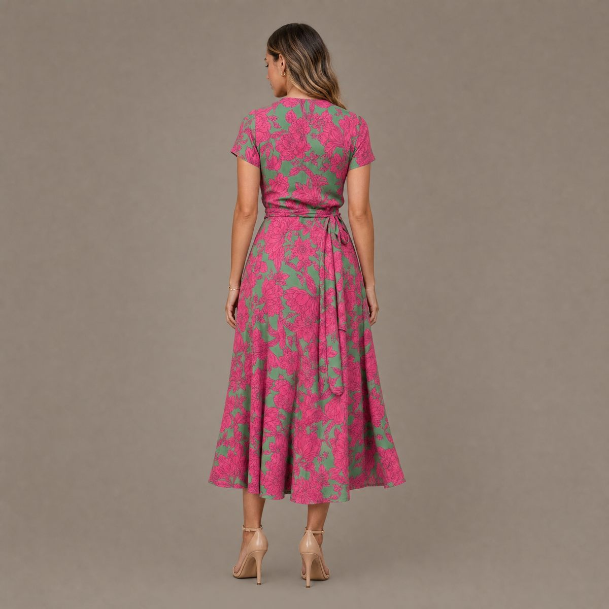 Back view of the green and pink soft bloom print wrap dress