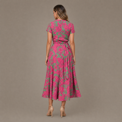 Back view of the green and pink soft bloom print wrap dress